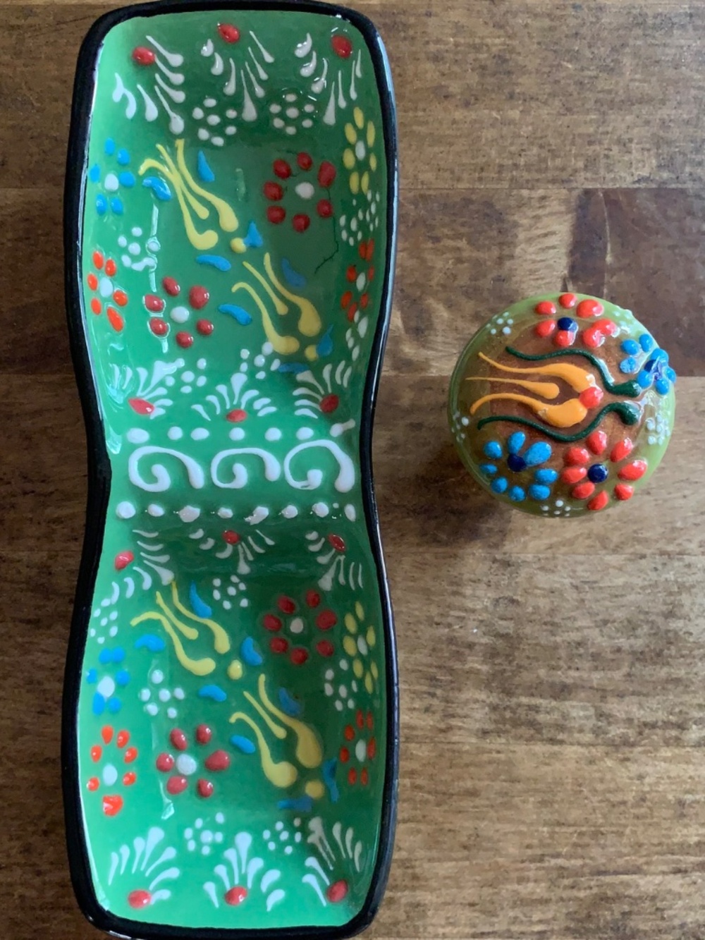Handmade Ceramic Tidbit Bowl w/ Matching Wine Stopper | Folk Art Style